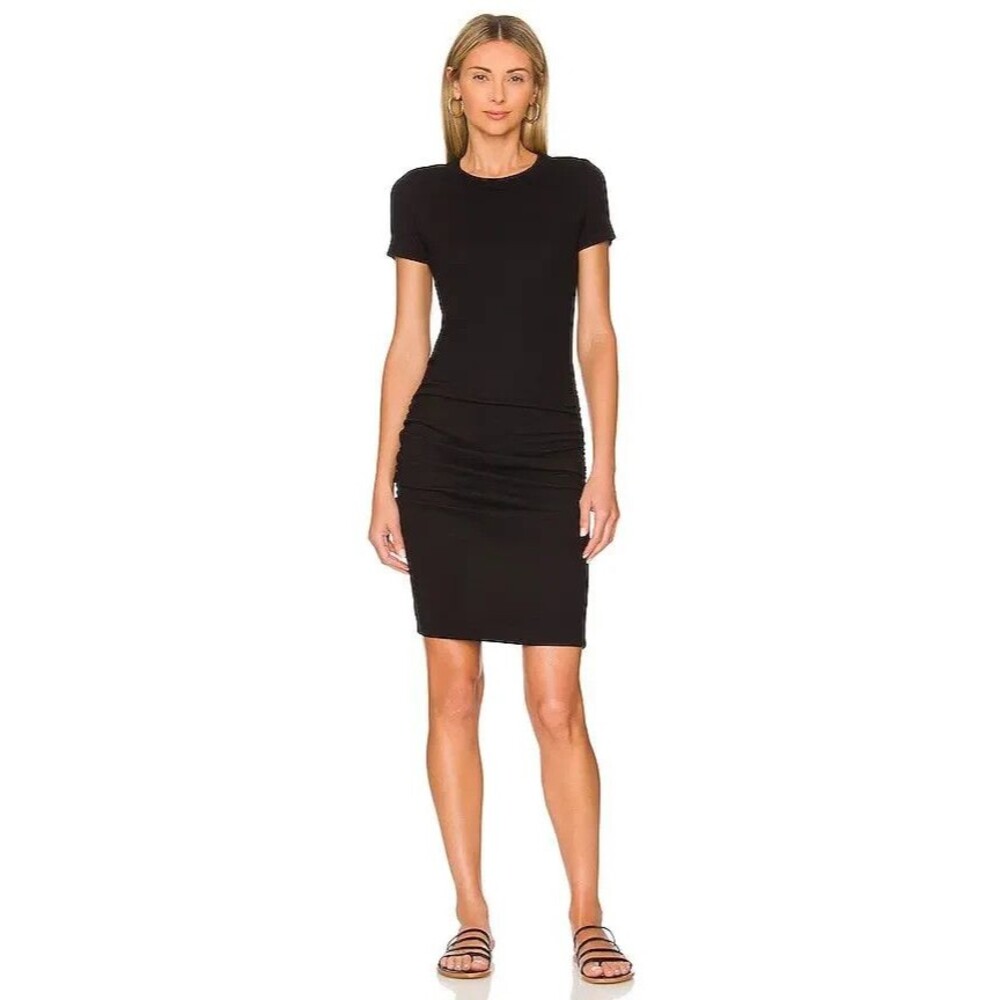 Michael Stars Katie Ribbed Knit Ruched Bodycon Midi Dress Black Size Small